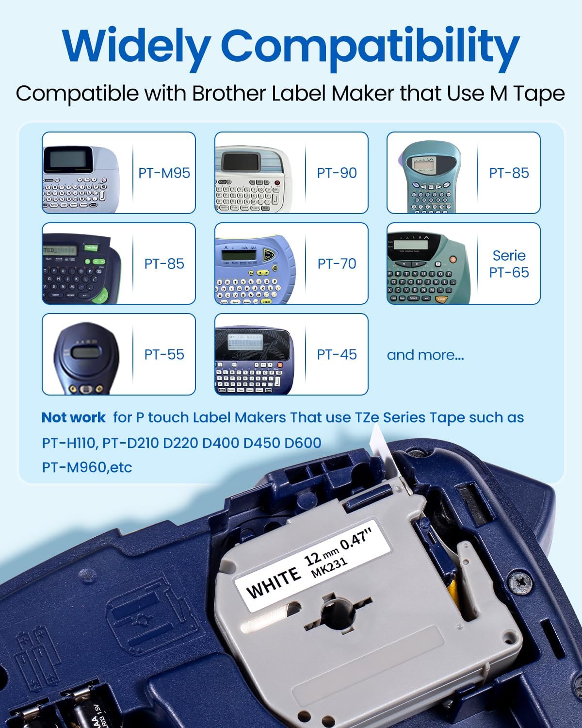 Colorty M-K231 tape compatible with Brother label makers using M tape (PT-M95, PT-90, PT-85, PT-80, PT-70, PT-65, PT-55, PT-45), noting not compatible with TZe series.