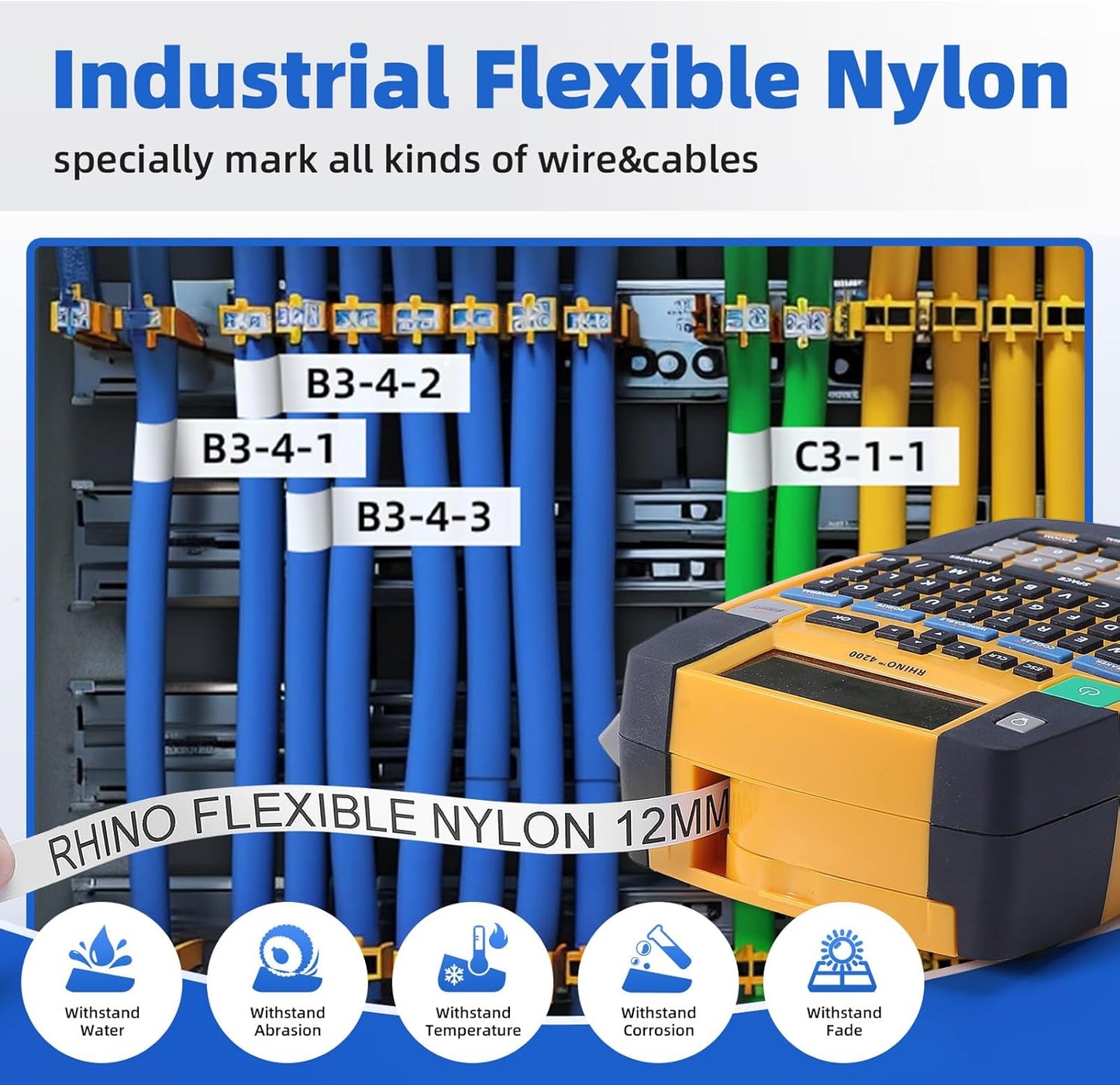 Compatible with DYMO Rhino 18488 18489 Nylon Label Tape, Flexible Industrial Labels, Black on White, 12mm & 19mm Width Options