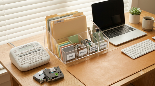 COLORTY compatible label tapes on an organized desk, featuring Brother P-touch TZe replacement label cartridges for home office organization