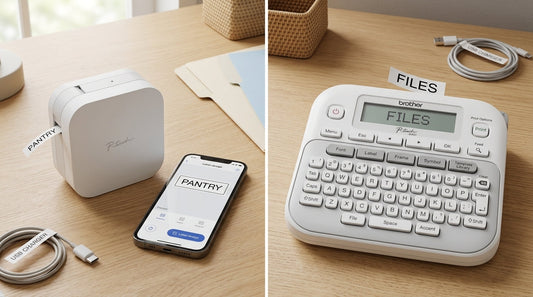 Brother P-touch CUBE PT-P300BT smartphone-connected label maker beside PT-D220 keyboard label maker on an office desk