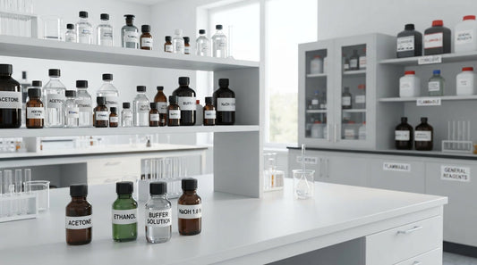 School chemistry laboratory with organized chemical bottles and clearly labeled chemical storage containers