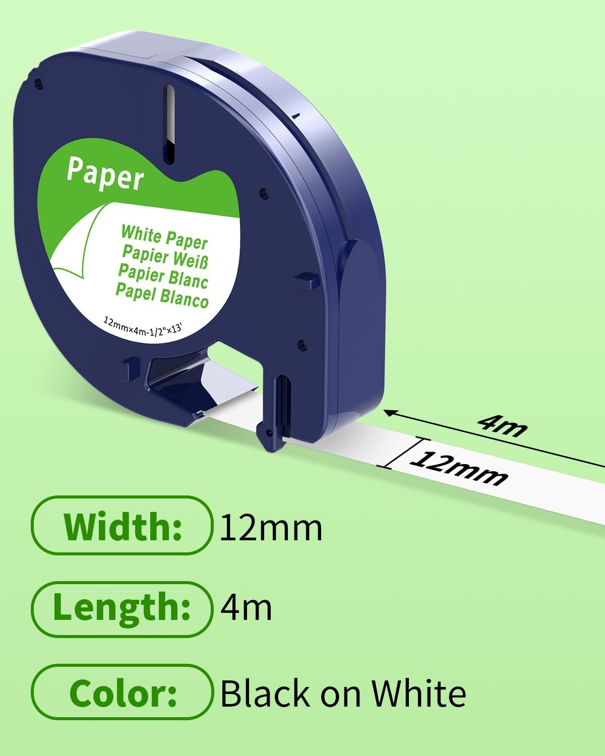 COLORTY 91330 replacement tape for Dymo LetraTag showing 12mm (1/2 inch) width, 4m (13 feet) length, White Paper with Black on White text.