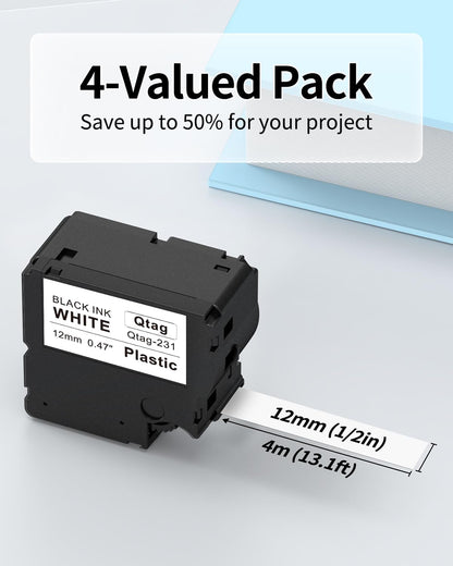 Compatible with Brother P-Touch BTAG231 Label Tape, 12mm (1/2") Black on White Tape Refills, for PT-N10 PT-N20 PT-N25BT