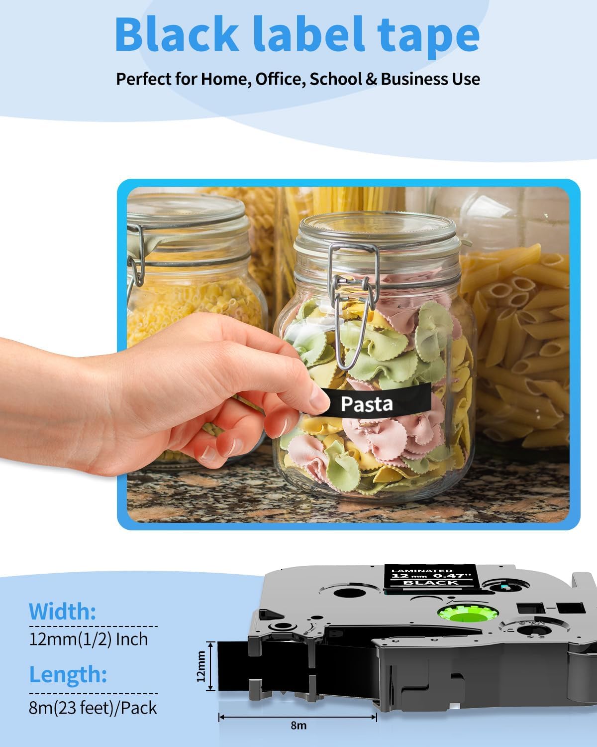 Black Label Maker Tape TZe-335 Compatible with Brother P Touch | White on Black TZ TZe Label Tape 12mm 0.47 Laminated 1/2" TZe335 for PT-D220 PT-P300BT P700BT PT-1180 PT-1280, 6-Pack