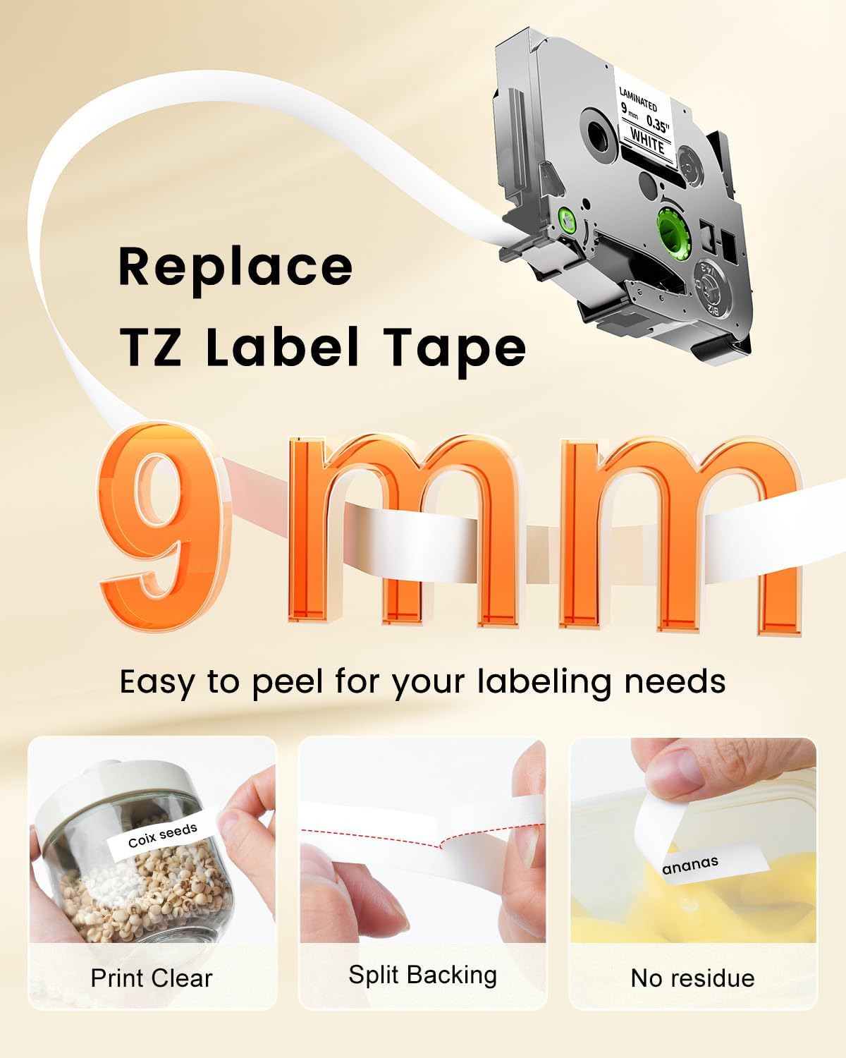 TZe-221 9mm 0.35 Laminated White Tape Replace for Brother P-Touch | Label Tape 9 mm TZe TZ Black on White TZe221 AZe-221 for PT-D210 D200 1190 1750 Label Maker Refills 3/8 Inch, 6-Pack