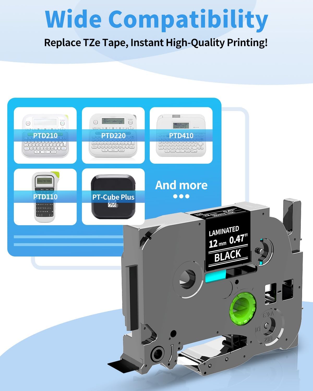 Black Label Maker Tape TZe-335 Compatible with Brother P Touch | White on Black TZ TZe Label Tape 12mm 0.47 Laminated 1/2" TZe335 for PT-D220 PT-P300BT P700BT PT-1180 PT-1280, 6-Pack