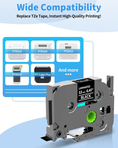 Black Label Maker Tape TZe-335 Compatible with Brother P Touch | White on Black TZ TZe Label Tape 12mm 0.47 Laminated 1/2" TZe335 for PT-D220 PT-P300BT P700BT PT-1180 PT-1280, 6-Pack