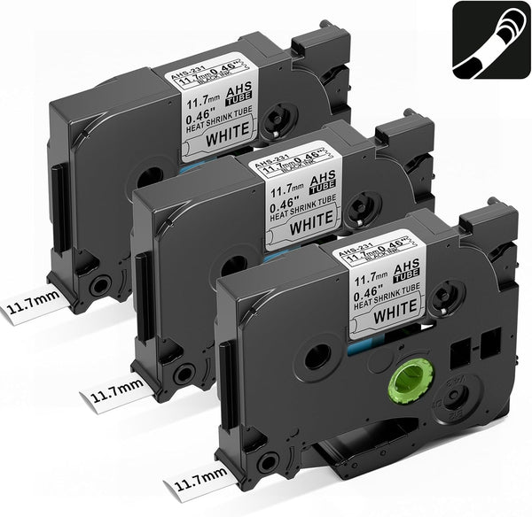 HSe-231 Heat Shrink Tube Labels Compatible with Brother P-touch | 11.7mm Black on White Cable Labels (3-Pack)