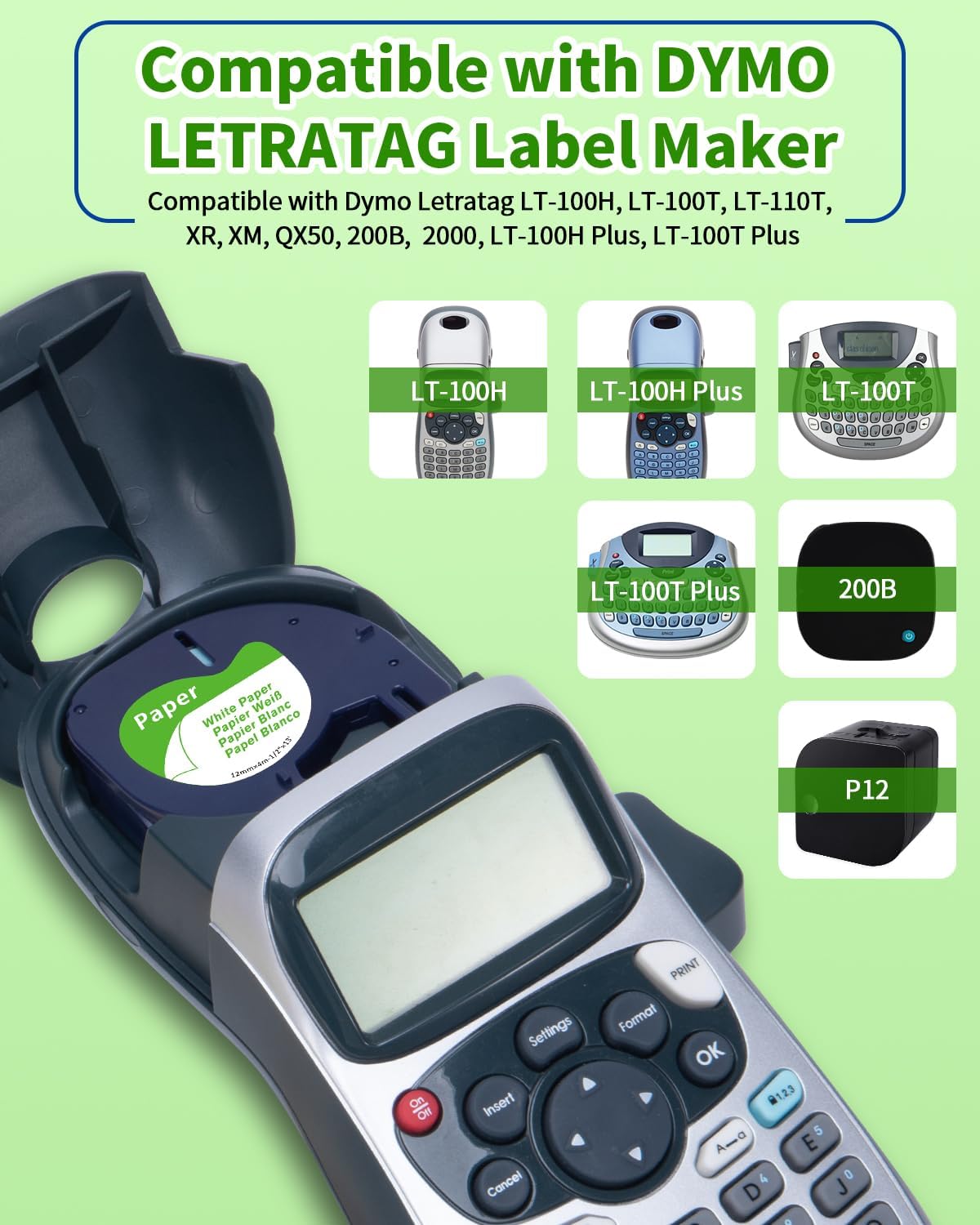 Colorty 91330 label tape cartridges compatible with Dymo LetraTag Label Makers including LT-100H, LT-100H Plus, LT-100T, LT-100T Plus, 200B, and P12 models.