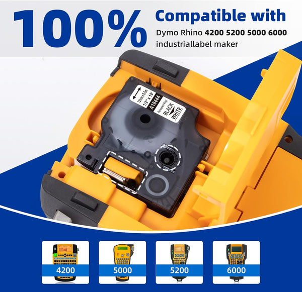 Compatible with DYMO Rhino Vinyl Label Tape 18443 18444 18445, Permanent Industrial Labels, Black on White, 3/8" 1/2" 3/4" Width Options, for Rhino Label Makers