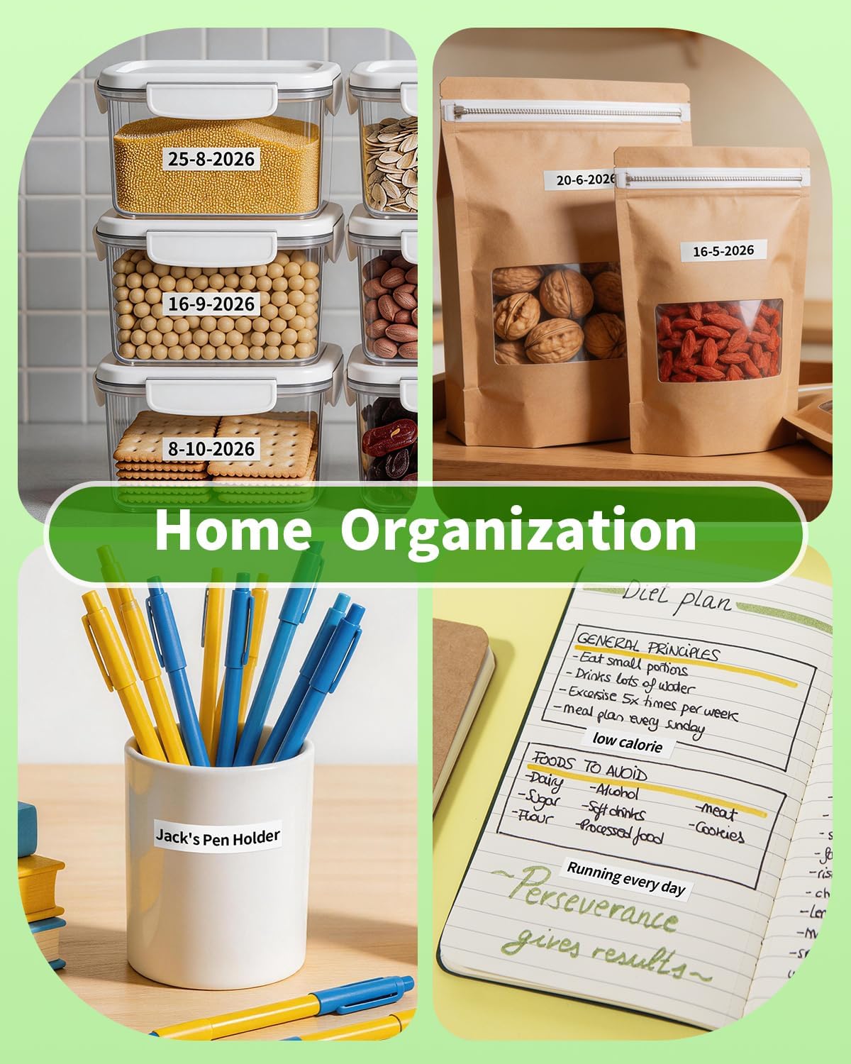 COLORTY 91330 white paper tape for Dymo LetraTag used for home organization, labeling pantry jars, food storage bags, pen holders, and notebooks.