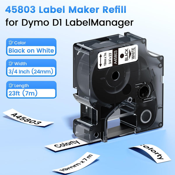 6Pack 19mm Compatible with DYMO D1 45803 3/4" x 23' Label Maker Tape Refill | 45803s A45803 Black on White 3/4 in Label Tape, Compatible for Dymo LabelManager 300 360D 420P 450D 500TS 450 Duo, 19mm x 7m