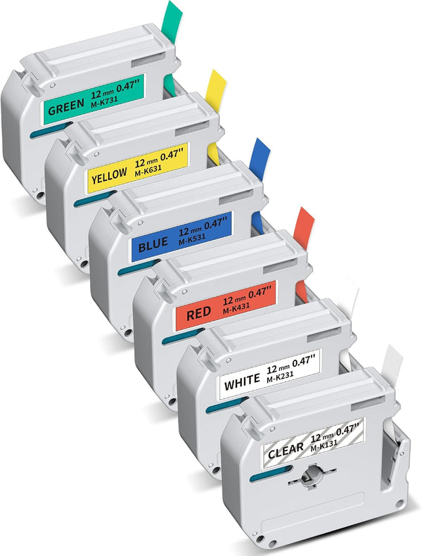 COLORTY M-K231S Compatible Label Tape 12mm 6 Pack Color Combo for Brother P-touch PT-65 PT-70 PT-M95 PT-80 PT-90