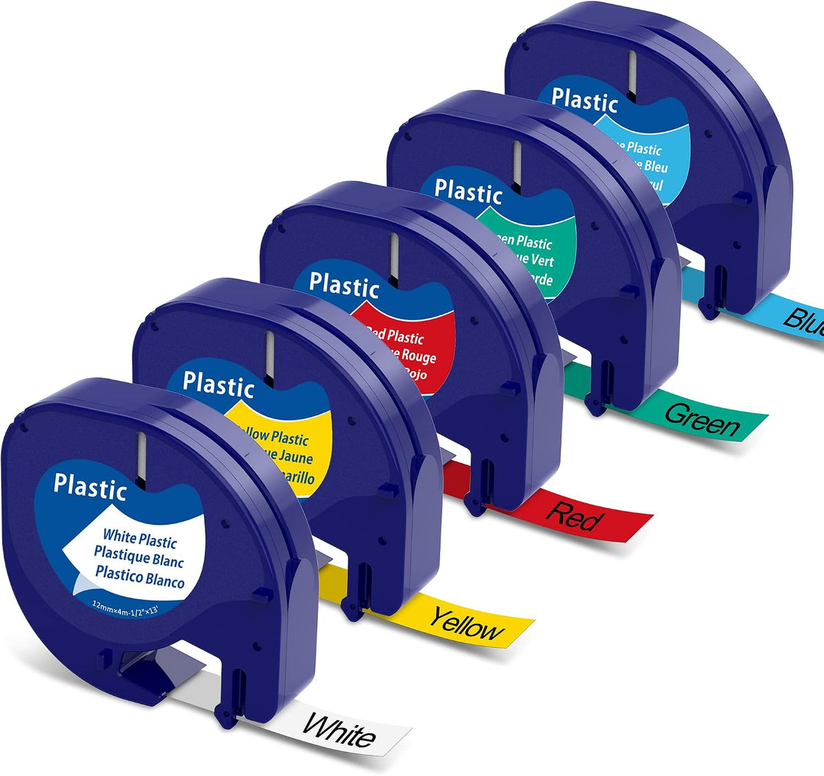 Compatible with DYMO LetraTag 12mm Color Label Tape 5‑Pack – Black on White/Yellow/Red/Green/Blue, 4m Rolls, for LetraTag Series Label Makers