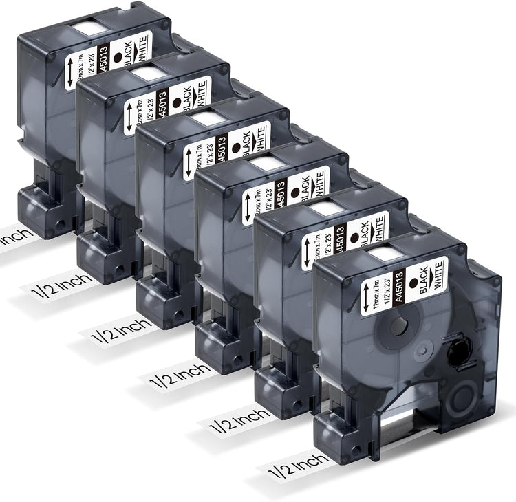 DYMO D1 45013 Compatible Tape Cartridges – 12mm Black on White, 6 Rolls x 7m, Ideal for Office, Warehouse & Cable Labeling