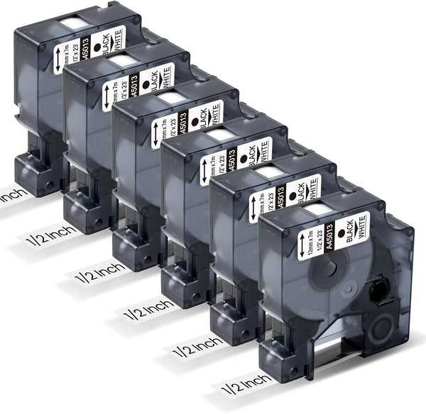 DYMO D1 45013 Compatible Tape Cartridges – 12mm Black on White, 6 Rolls x 7m, Ideal for Office, Warehouse & Cable Labeling