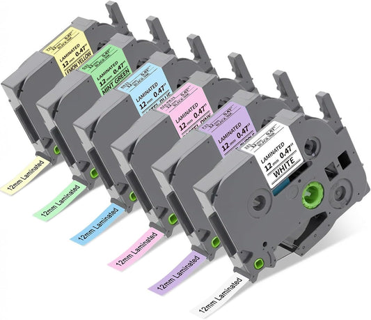 12mm Label Tape Replacement for Brother P-Touch Label Maker, Assorted Colors TZe Laminated Tape Refills Compatible with PT-D200 PT-D210 PT-D220 PT-H100 PT-H110 PT-1000 PT-1280 PT-D400 P300BT Cube, 1/2" x 26.2 ft, 6 Pack