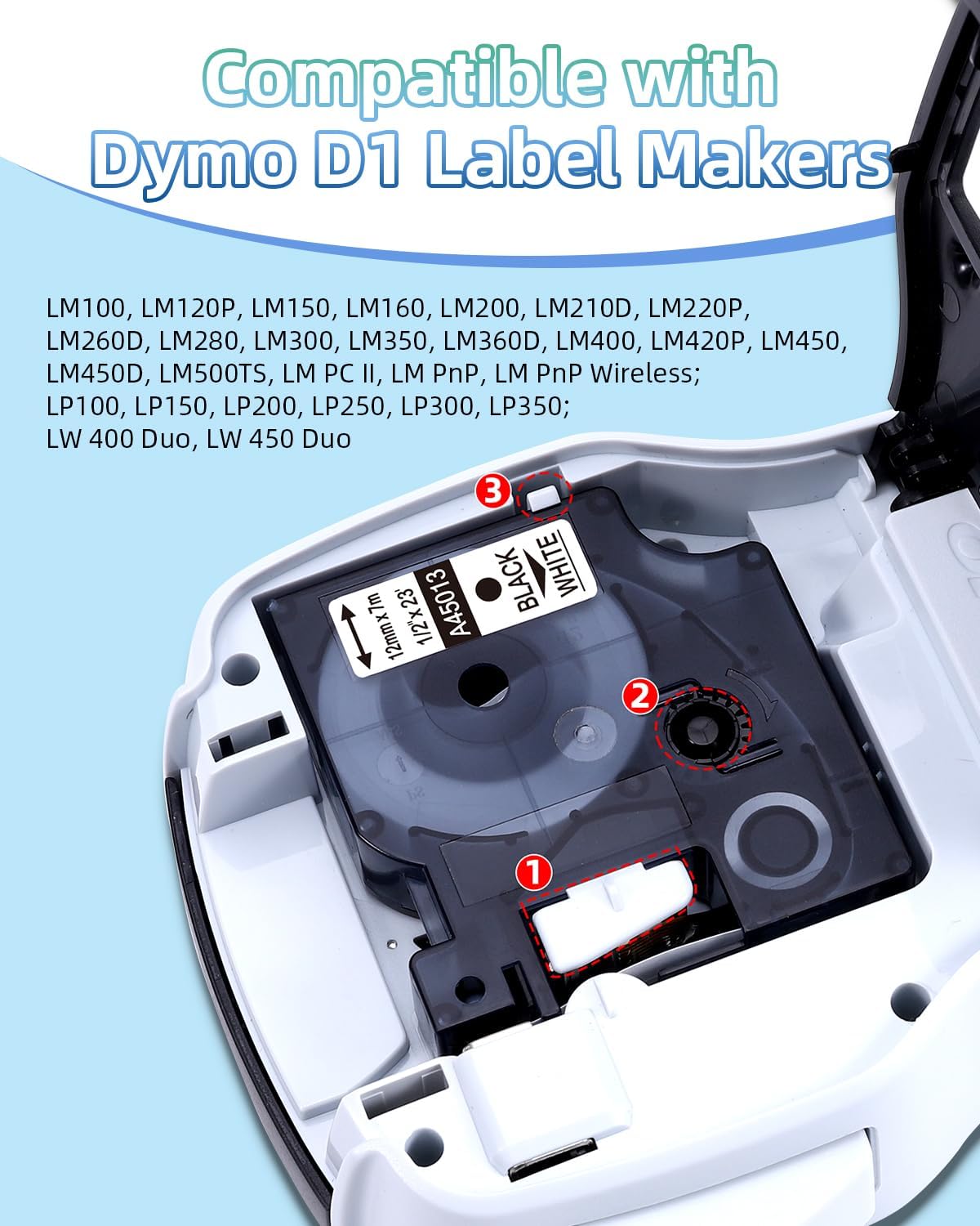 Compatible with DYMO D1 Label Maker Tape Refills | Replacement for 40913, 41913, A40913, 45013, S0720680 & S0720530, 9mm & 12mm Label Tape for LabelManager 160, 210D, 220P, 260P, 280, 360D, 420P, 450 Duo
