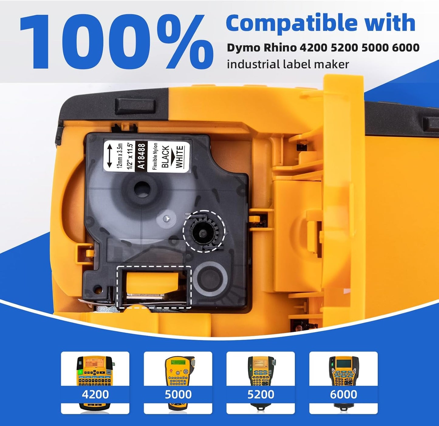 Compatible with DYMO Rhino 18488 18489 Nylon Label Tape, Flexible Industrial Labels, Black on White, 12mm & 19mm Width Options