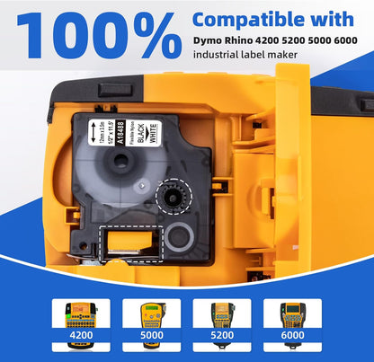 Compatible with DYMO Rhino 18488 18489 Nylon Label Tape, Flexible Industrial Labels, Black on White, 12mm & 19mm Width Options