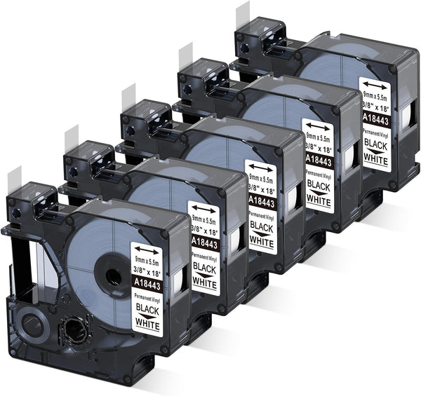 Compatible with Dymo Rhino 18443 9mm 3/8" x 18' Permanent Vinyl Label Tape Colorty a18443 9 mm Industrial Labels, Work for Rhino 1000 3000 4200 5000 5200 6000 Label Maker, Black on White, 5-Pack