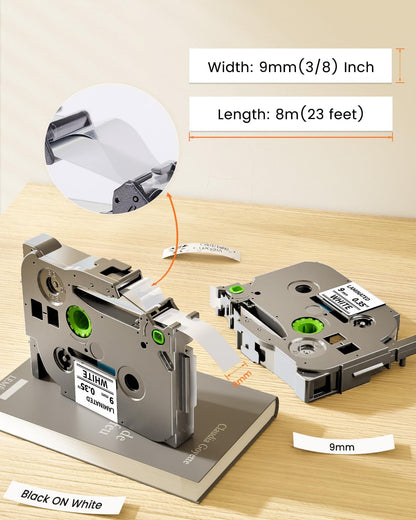 TZe-221 9mm 0.35 Laminated White Tape Replace for Brother P-Touch | Label Tape 9 mm TZe TZ Black on White TZe221 AZe-221 for PT-D210 D200 1190 1750 Label Maker Refills 3/8 Inch, 6-Pack