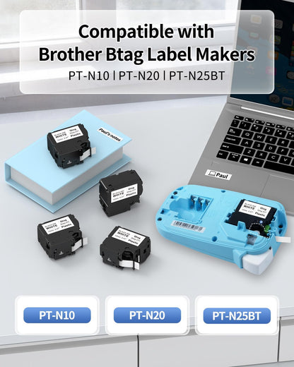 Compatible with Brother P-Touch BTAG231 Label Tape, 12mm (1/2") Black on White Tape Refills, for PT-N10 PT-N20 PT-N25BT