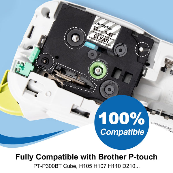 TZ-131 Clear 12mm 0.47 Tape Replacement for Brother P-Touch TZe131 TZe-131 Transparent Label Maker Tape Laminated Refills Black on Clear, for Ptouch PT-D210 D220 D200 H110 D400 Cube