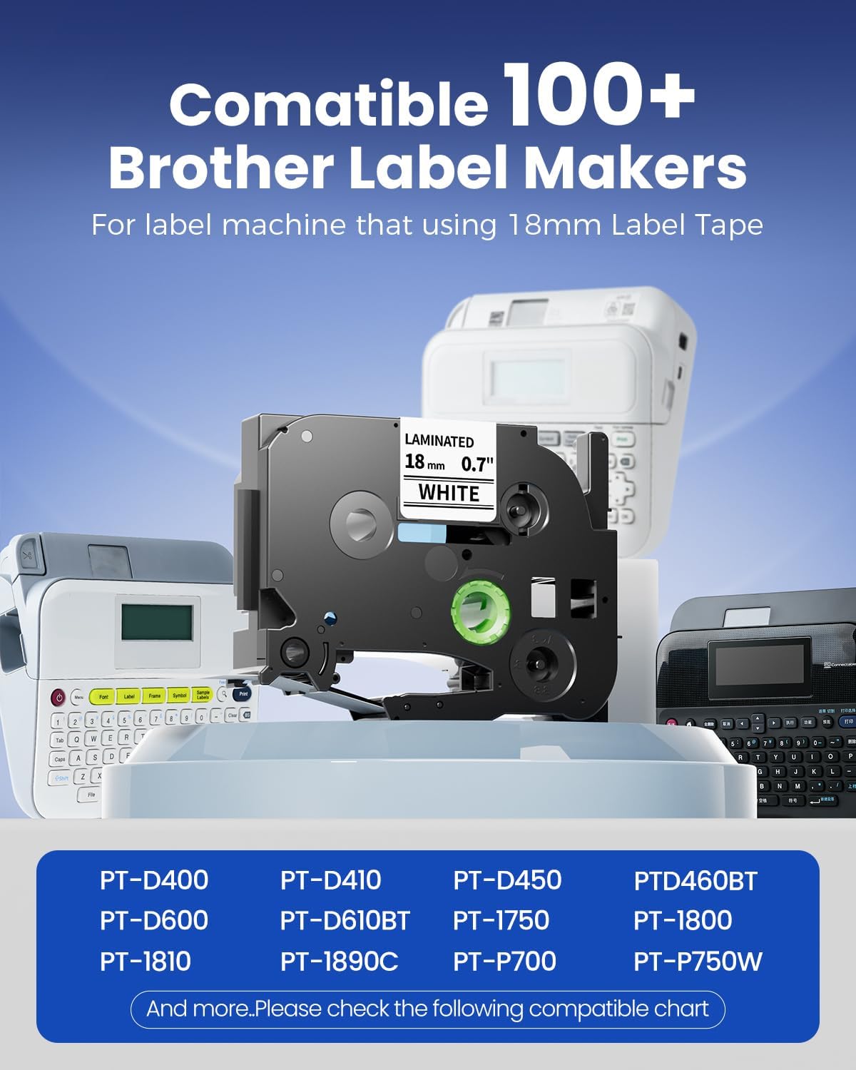 18mm 0.7 Laminated White Tape TZe-241 Replacement for Brother | Label Maker Tape 18 mm P-Touch TZ TZe Black on White for Ptouch PT-D400 PT-D410 D600 D610BT PT-P700BT Refills 3/4 ", 6 Pack