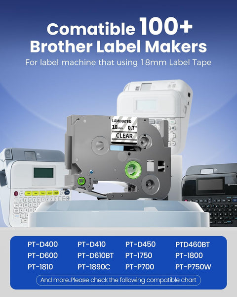 Replacement for Brother Ptouch Label Tape 18mm 0.7" Laminated Clear | TZe-141 18 mm 0.7" Laminated Black on Clear TZ TZe141 for PT-D400 D410 D600 1750 1830 Label Maker Refills 3/4 Inch, 6PK
