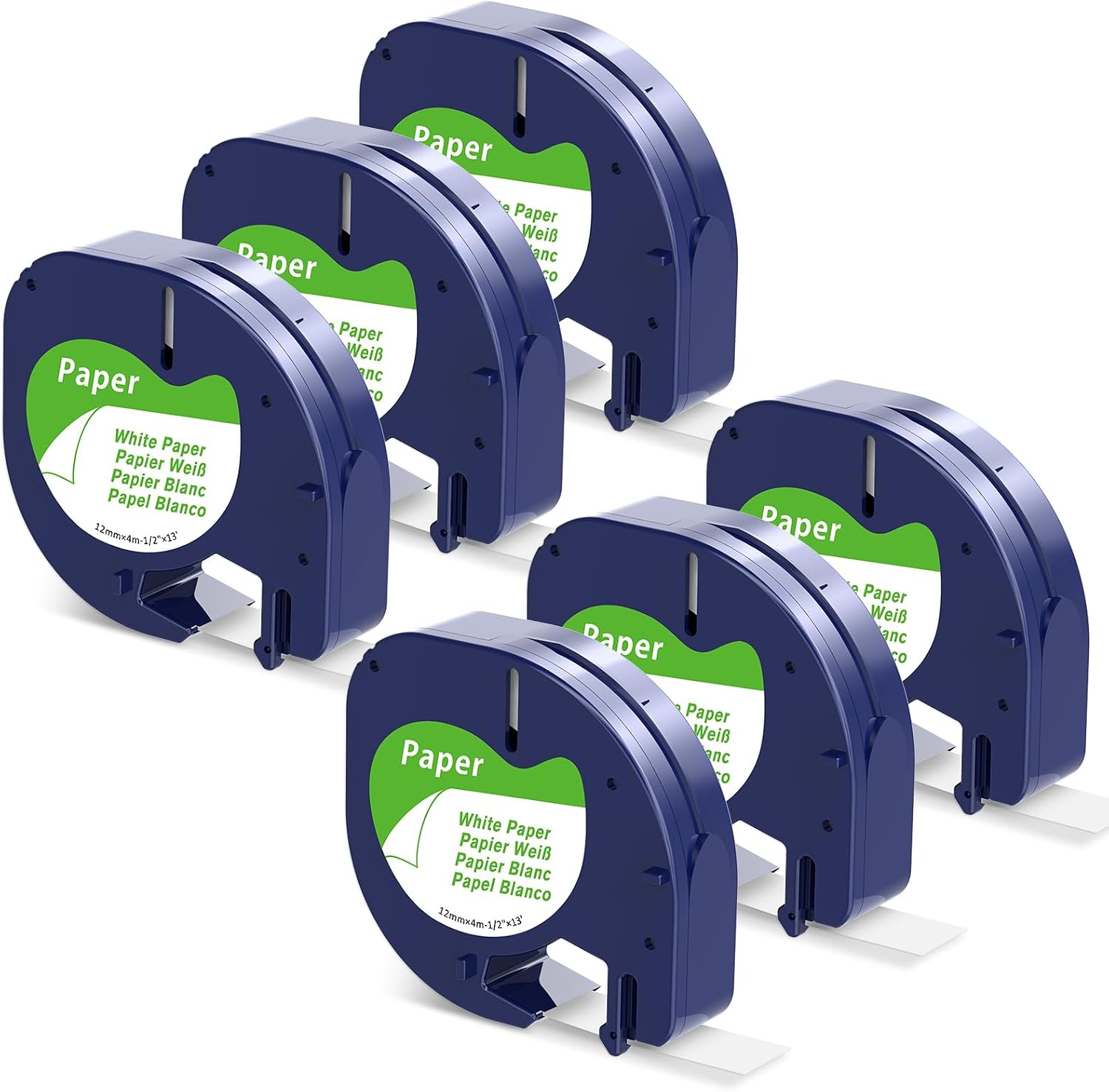 6-pack of COLORTY 91330 white paper label tape refills, compatible with Dymo LetraTag printer cartridges, isolated on a light green background.