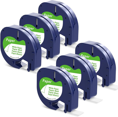 6-pack of COLORTY 91330 white paper label tape refills, compatible with Dymo LetraTag printer cartridges, isolated on a light green background.