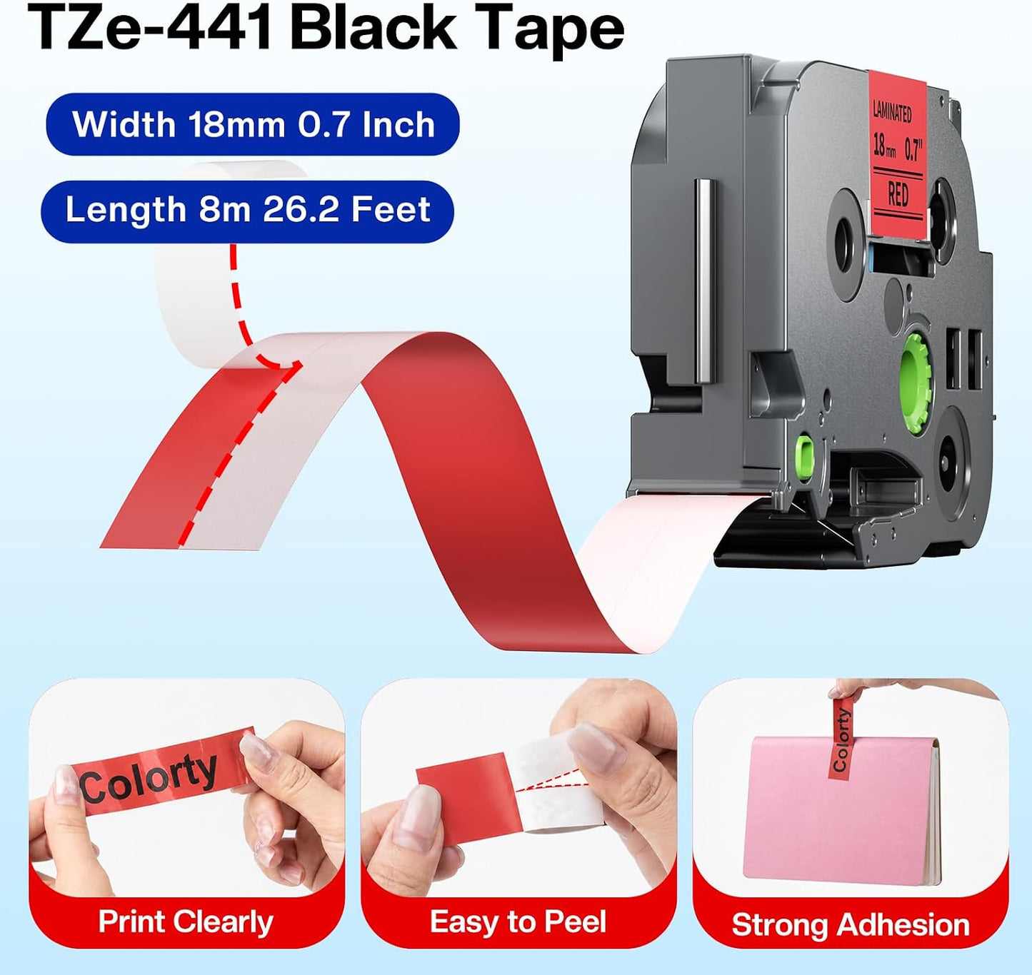 Colorty Red Label Tape 18mm Compatible with Brother TZe-441 P Touch TZe TZ Tape 18mm 0.7 Laminated for PT-D400 PT-D410 D600 D610BT PT-P700BT Ptouch Label Maker Refills 3/4'', Black on Red