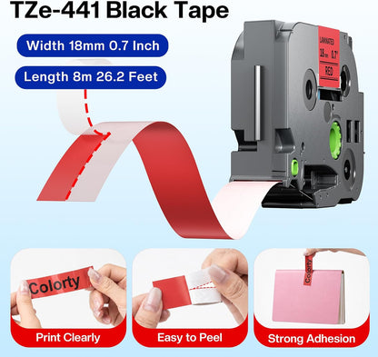 Colorty Red Label Tape 18mm Compatible with Brother TZe-441 P Touch TZe TZ Tape 18mm 0.7 Laminated for PT-D400 PT-D410 D600 D610BT PT-P700BT Ptouch Label Maker Refills 3/4'', Black on Red