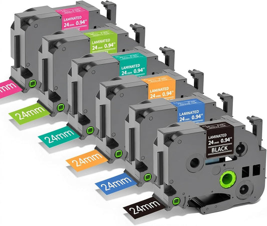 Brother P-touch TZe-MQP55 Compatible 24mm Laminated Color Label Tape – 6 Assorted Colors (Berry Pink/Blue/Yellow/Green/Black/Lime Green) with White Text, for PT-D600/PT-P710BT/PT-P750W