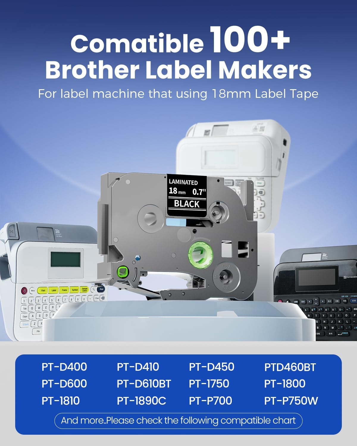 18mm White on Black Tape Replace for Brother TZe-345 P-Touch Tape | 18 mm 0.7 Laminated Tape TZe345 for Ptouch Edge PT-E300 PT-E510VP PT-E560BTVP PTD400 Label Maker Refills 3/4 Inch, 6 Pack