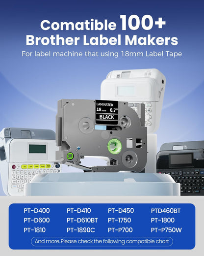 18mm White on Black Tape Replace for Brother TZe-345 P-Touch Tape | 18 mm 0.7 Laminated Tape TZe345 for Ptouch Edge PT-E300 PT-E510VP PT-E560BTVP PTD400 Label Maker Refills 3/4 Inch, 6 Pack