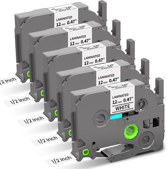 5 pack of Colorty Brother TZe-231 compatible 12mm (0.47 inch) laminated label cassettes with grey casing and green spool, printed with black on white text.