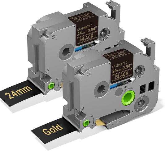 Colorty 2-pack TZe-354 24mm (0.94 inch) gold on black cartridges, showcasing a luxurious premium aesthetic with sleek grey housing and rich gold lettering.