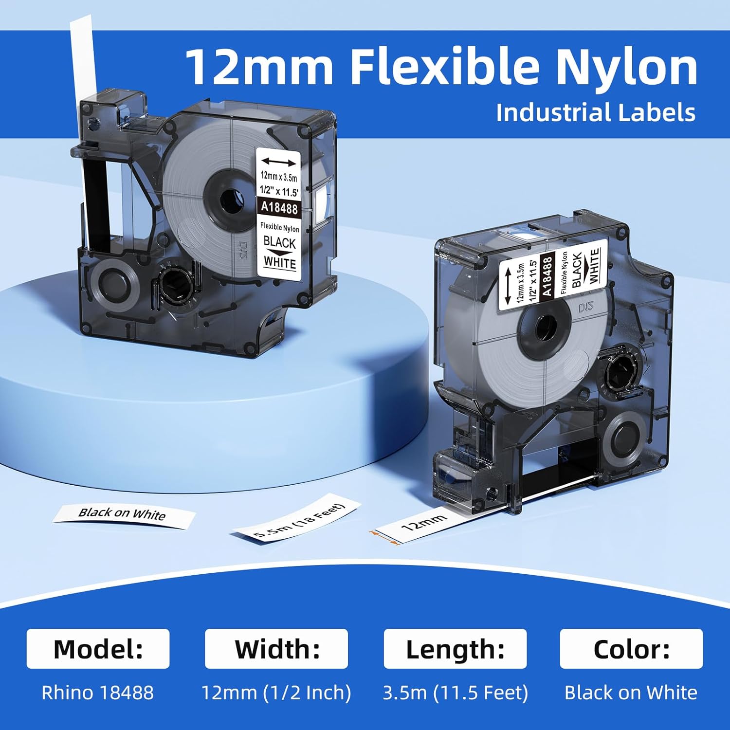 DYMO 18488 compatible 12mm flexible nylon label tape, black on white