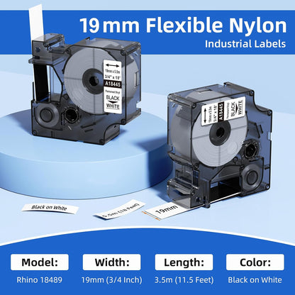 DYMO 18489 compatible 19mm flexible nylon industrial label tape, black on white