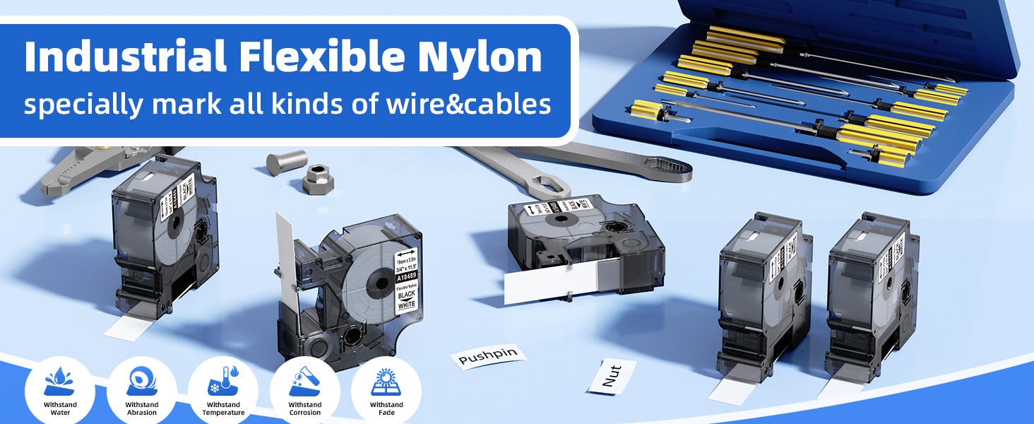DYMO 18489 compatible industrial flexible nylon label tape for wire and cable labeling