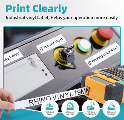 Replacement for Dymo Rhino 18445 19mm permanent vinyl label tape printing clear "rotary start" and "emergency stop" labels on an industrial control panel, showing water, abrasion, temperature, and corrosion resistance