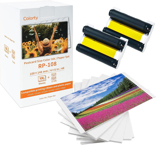 RP-108 replacement paper kit with two ink cassettes, printing a vivid sunflower field landscape photo for Canon Selphy CP series.