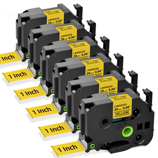 TZe-651 Compatible with Brother Label Maker Tape 24mm 0.94 Yellow P Touch TZe TZ Tape 1”Laminated Black on Yellow for PT D600 D610BT P710BT P750W P700 P900W P950W Refills, 1 Inch x 26.2 feet, 6-Pack